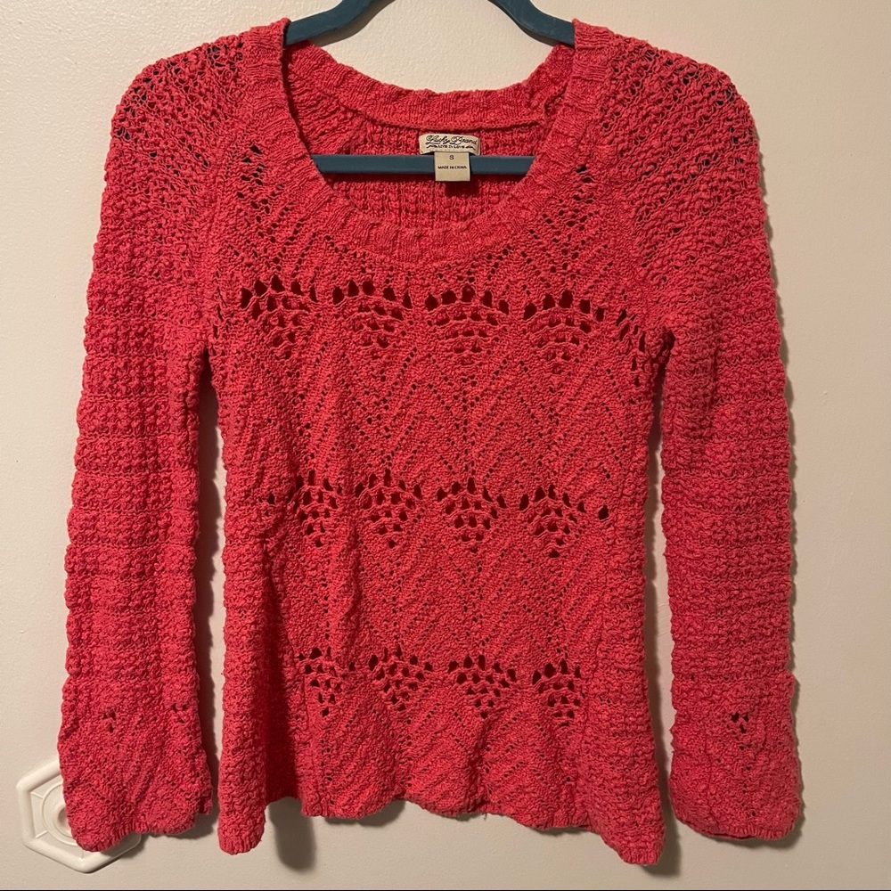 Lucky Brand Bright Coral Colored Loose Knit Crewneck Cotton Sweater